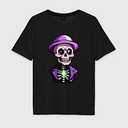 Мужская футболка оверсайз Скелет в фиолетовой шляпе