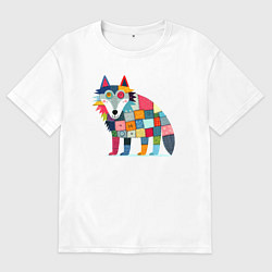 Футболка оверсайз мужская Funny wolf - patchwork ai art, цвет: белый