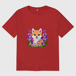 Мужская футболка оверсайз Щенок Сибу-ину среди сиреневых цветов