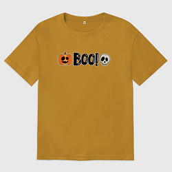 Футболка оверсайз мужская Тыква и череп: хэллоуинская страшилка, цвет: горчичный