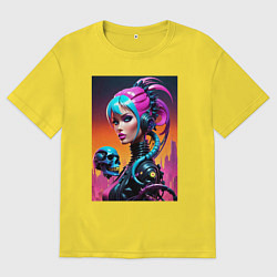 Мужская футболка оверсайз Девушка в стиле киберпанк с черепом - нейросеть