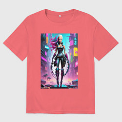 Футболка оверсайз мужская Кибер чувиха на своём районе - нейросеть, цвет: коралловый