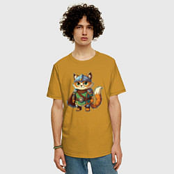 Футболка оверсайз мужская Кот в доспехах викинга, цвет: горчичный — фото 2