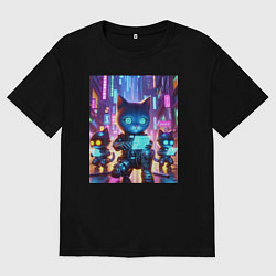 Футболка оверсайз мужская Продвинутые кибер котята - неоновое свечение, цвет: черный