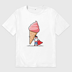 Футболка оверсайз мужская Забавный супермен держит огромный рожок мороженого, цвет: белый