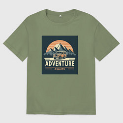 Футболка оверсайз мужская Автомобиль горы путешествие в ретро стиле, цвет: авокадо