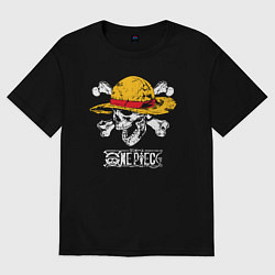 Футболка оверсайз мужская One piece череп в соломенной шляпе, цвет: черный
