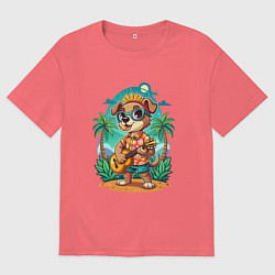 Мужская футболка оверсайз Щенок играет на гитаре жарким летом