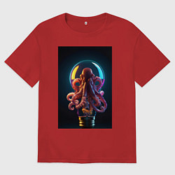 Футболка оверсайз мужская Неоновый осьминог в лампочке, цвет: красный