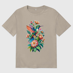 Футболка оверсайз мужская Колибри среди цветов, цвет: миндальный