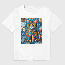 Мужская футболка оверсайз Прикольный котик - пэчворк