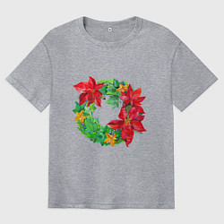 Мужская футболка оверсайз Новогодний венок из плюща и пуансеттии