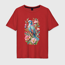 Футболка оверсайз мужская Красивая голубая птица среди цветов, цвет: красный