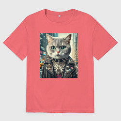 Футболка оверсайз мужская Прикольный котик фанат тяжёлого рока - нейросеть, цвет: коралловый