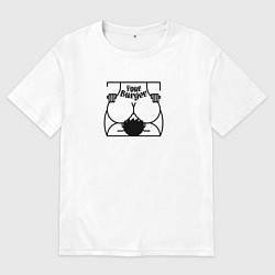 Футболка оверсайз мужская Девушка с надписью на спине your burger сидит на л, цвет: белый