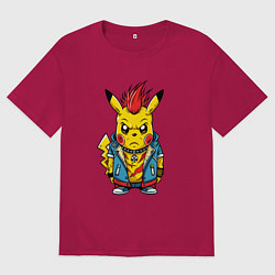 Мужская футболка оверсайз Пикачу панк с красным ирокезом