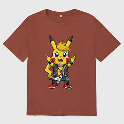 Футболка оверсайз мужская Пикачу в рок стиле, цвет: кирпичный