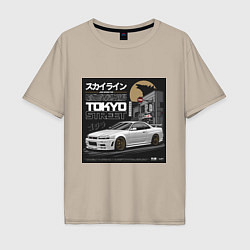 Футболка оверсайз мужская Nissan Skyline годзила, цвет: миндальный