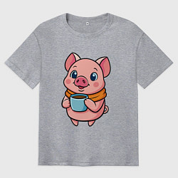 Мужская футболка оверсайз Поросенок пьет кофе