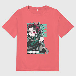 Мужская футболка оверсайз Клинок рассекающий демонов Тандзиро зеленый