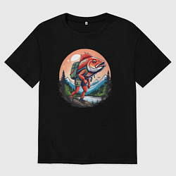 Футболка оверсайз мужская Рыба турист в горах, цвет: черный