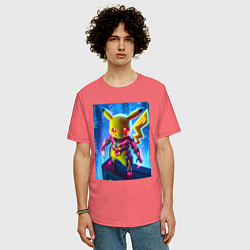Футболка оверсайз мужская Neon Pikachu - cyberpunk horror, цвет: коралловый — фото 2