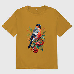 Мужская футболка оверсайз Снегирь не ветке красной рябины