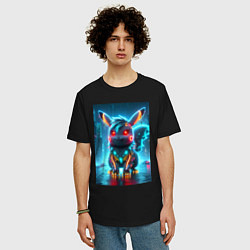 Футболка оверсайз мужская Cyber Pikachu in the neon metropolis - ai art, цвет: черный — фото 2