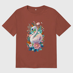 Мужская футболка оверсайз Белый лебедь среди цветов