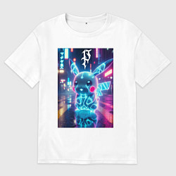 Футболка оверсайз мужская Маленький милый неоновый Пикачу - нейроарт, цвет: белый