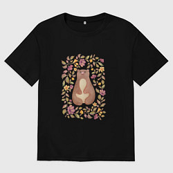 Футболка оверсайз мужская Медведь с осенними цветами и листьями, цвет: черный