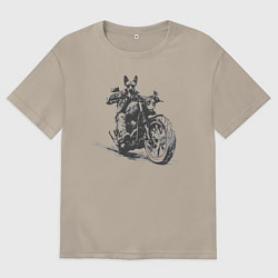 Футболка оверсайз мужская Немецкая овчарка байкер на мотоцикле чоппере, цвет: миндальный