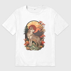 Мужская футболка оверсайз Волк в лесу в японском стиле