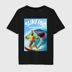 Футболка оверсайз мужская Homer Simpson and shark - surfing never alone, цвет: черный