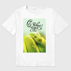 Футболка оверсайз мужская Символ 2025 года зеленая змея и надпись: с новым г, цвет: белый