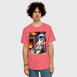 Футболка оверсайз мужская Робот у камина с котом и чашкой кофе - нейроарт, цвет: коралловый — фото 2