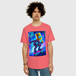 Футболка оверсайз мужская Барт Симпсон на скейтборде - неоновое свечение, цвет: коралловый — фото 2