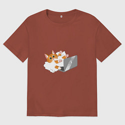 Мужская футболка оверсайз Милый котик программист усердно печатает