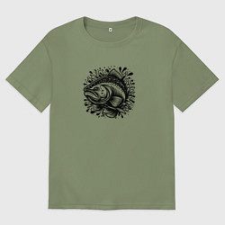 Футболка оверсайз мужская Татуировка лосось в брызгах воды, цвет: авокадо