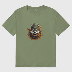 Мужская футболка оверсайз Серый волк в шапке и шарфе