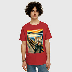 Футболка оверсайз мужская Мышка кричит на картине Эдварда Мунка - мем искусс, цвет: красный — фото 2