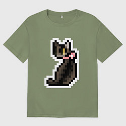 Мужская футболка оверсайз Милая пиксельная кошка с розовым ошейником