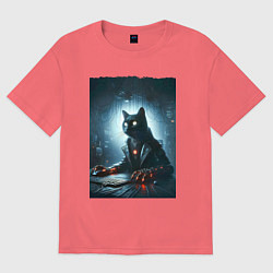 Футболка оверсайз мужская Кибер кот за компьютером - неоновое свечение, цвет: коралловый