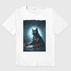 Мужская футболка оверсайз Кибер кот за компьютером - неоновое свечение