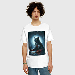 Футболка оверсайз мужская Кибер кот за компьютером - неоновое свечение, цвет: белый — фото 2