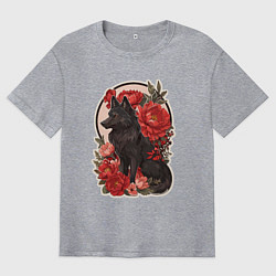 Мужская футболка оверсайз Чёрный волк и красные цветы