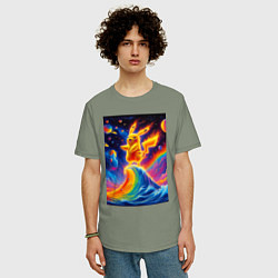 Футболка оверсайз мужская Огненный Пикачу на волне - нейроарт фантазия, цвет: авокадо — фото 2