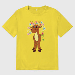 Мужская футболка оверсайз Мультяшный веселый лось с гирляндами на рогах