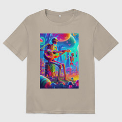 Мужская футболка оверсайз Скелет играет на гитаре в грибном лесу