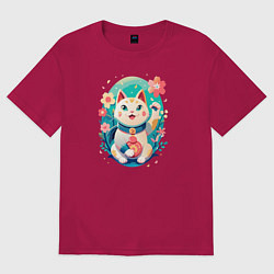 Футболка оверсайз мужская Манеки Неко, белая кошка удачи с сакурой, цвет: маджента